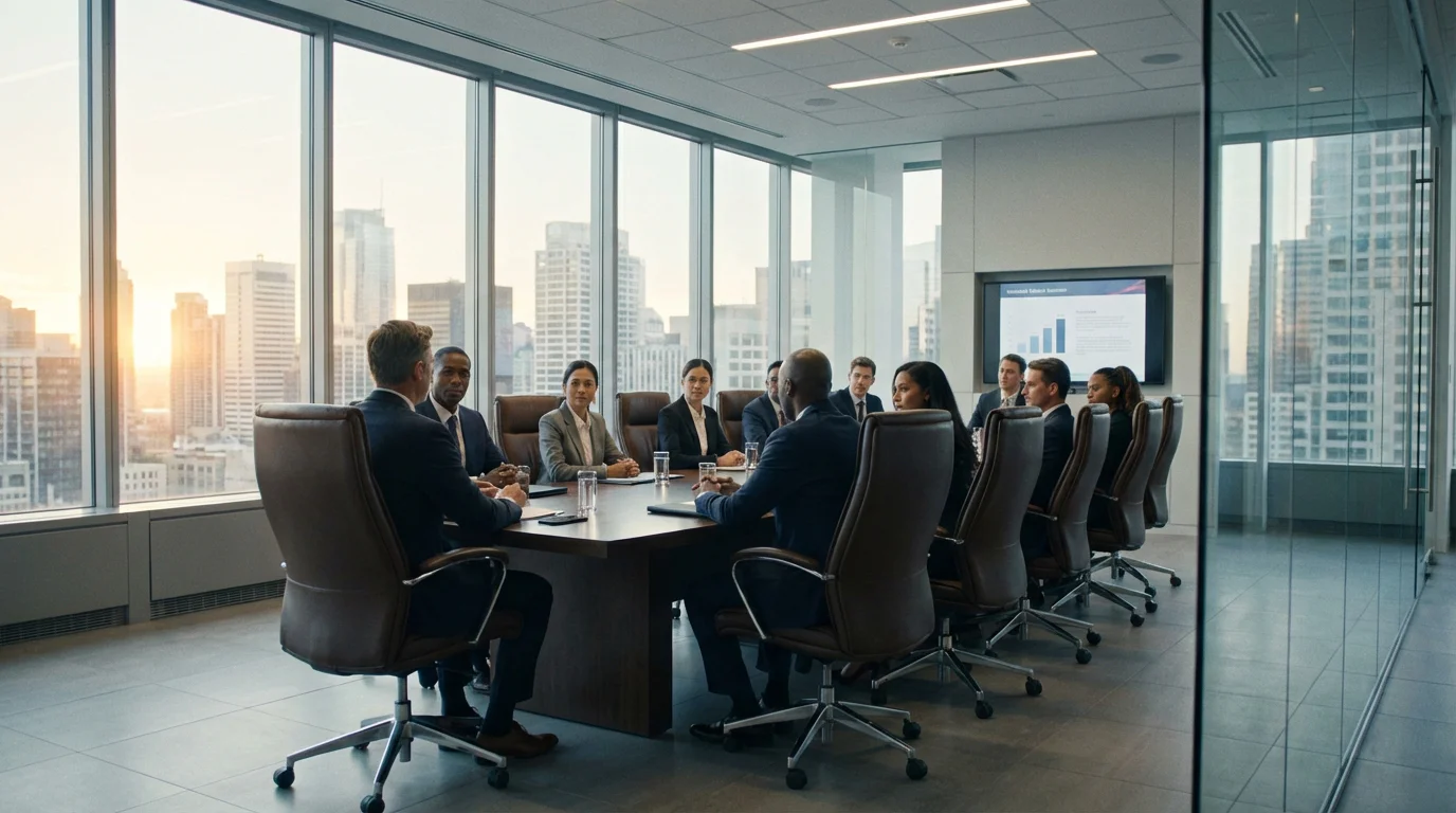 Sala de conferência com mesa de reuniões e cadeiras executivas