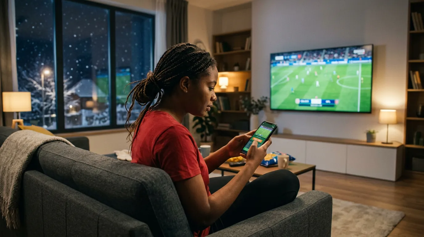 Pessoa a ver jogo de futebol no smartphone enquanto faz aposta ao vivo