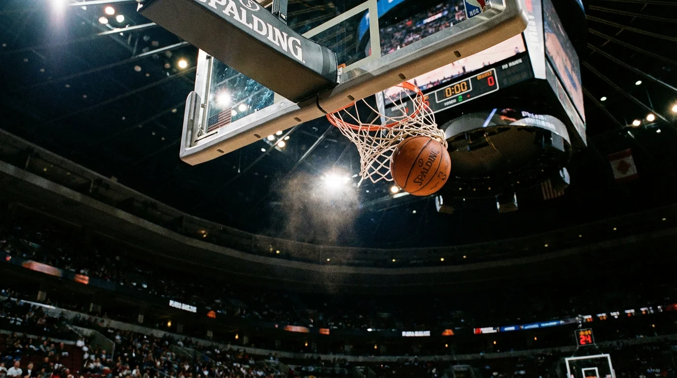 Bola de basquetebol laranja junto a tabela com cesto num pavilhão