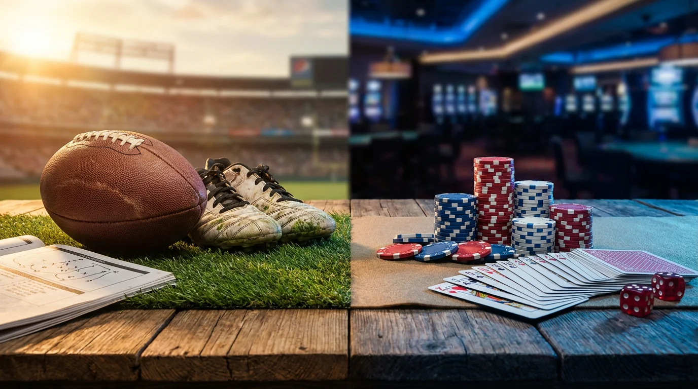 Mesa dividida ao meio com bola de futebol de um lado e fichas de casino do outro
