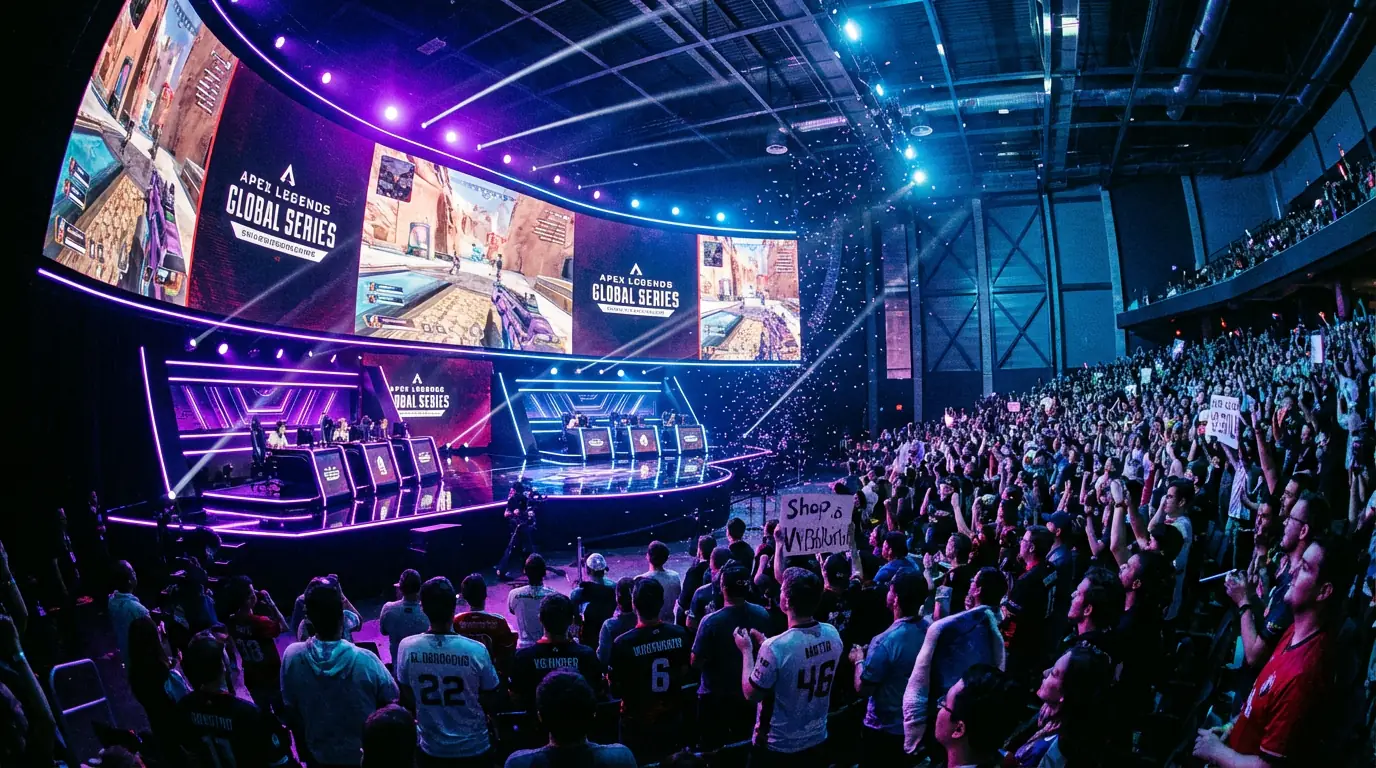 Arena de eSports com palco iluminado e ecrãs gigantes a transmitir competição
