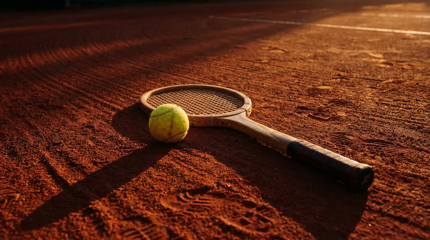 Raquete de ténis e bola amarela num court de terra batida