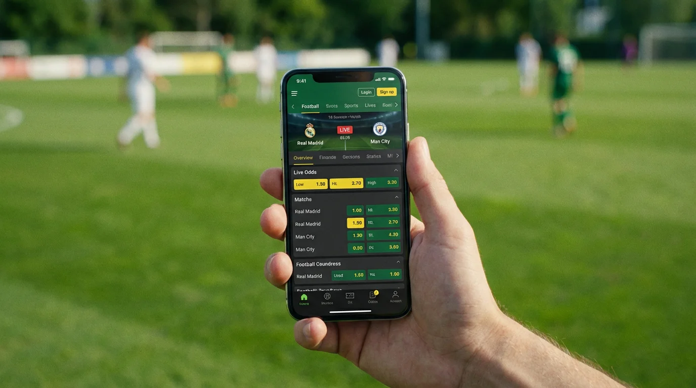 Mão a segurar smartphone com aplicação de apostas desportivas aberta