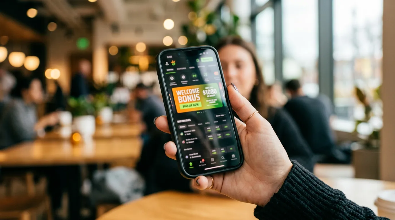 Mão a segurar smartphone com aplicação de apostas a mostrar promoção de boas-vindas