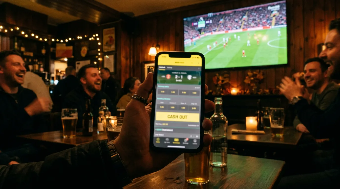 Ecrã de smartphone a mostrar opção de cash out numa aposta de futebol