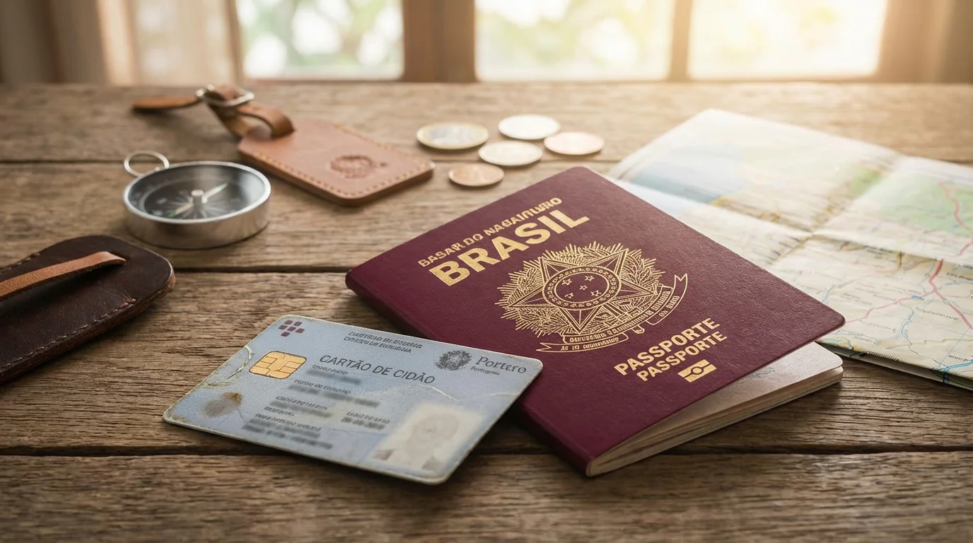 Passaporte brasileiro e cartão de cidadão português sobre mesa de madeira