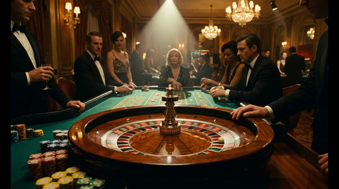 Mesa de roleta de casino com fichas coloridas e bola em movimento