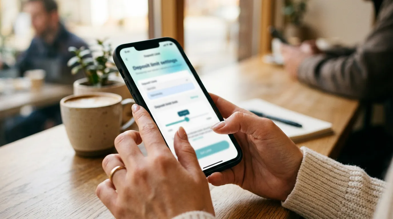 Mãos a usar smartphone com ecrã de definições de limite de depósito