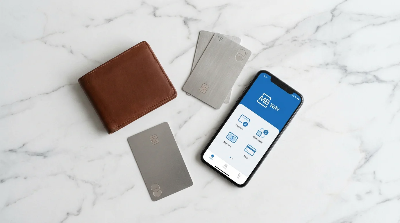 Carteira com cartões de pagamento e smartphone com aplicação MB Way