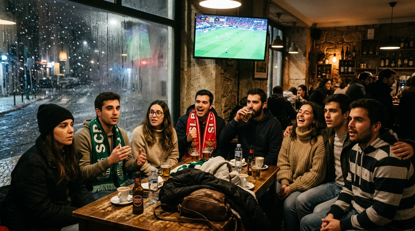 Grupo diverso de jovens adultos portugueses num café a ver jogo de futebol
