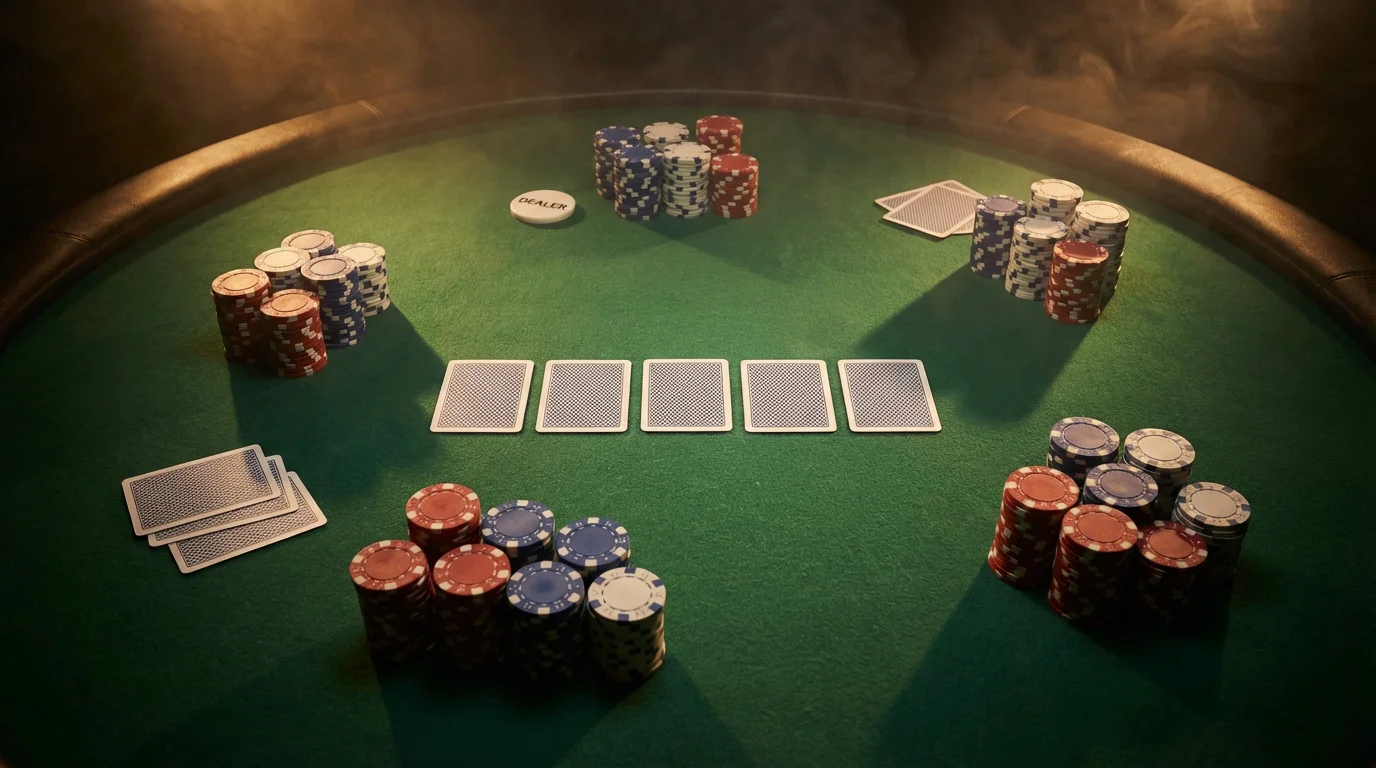 Mesa de poker verde com cartas viradas e fichas empilhadas