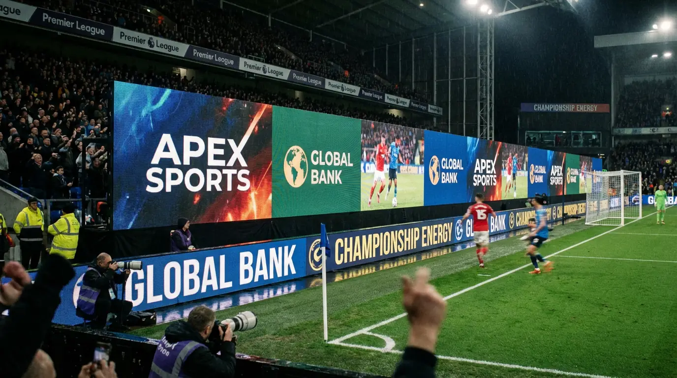 Painel publicitário digital num estádio de futebol durante jogo nocturno