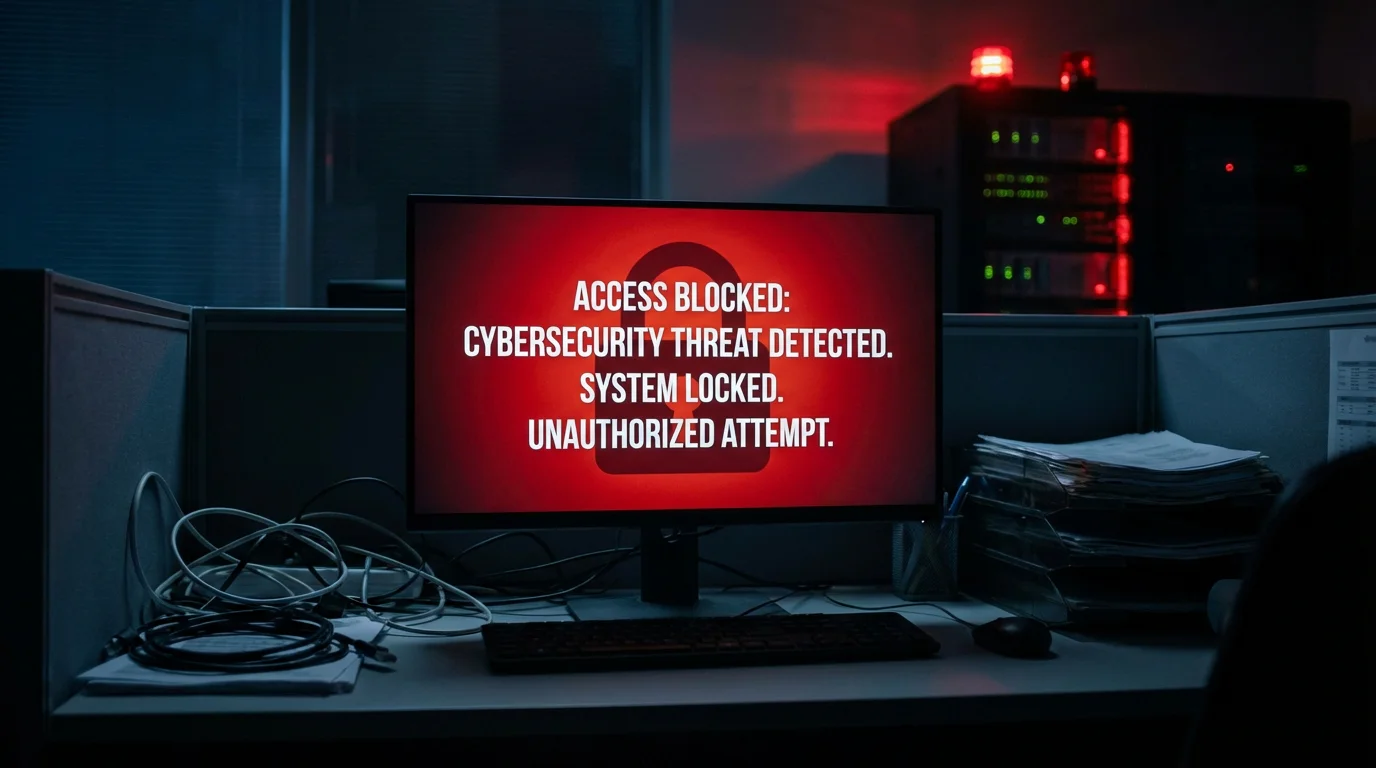 Ecrã de computador a mostrar mensagem de acesso bloqueado