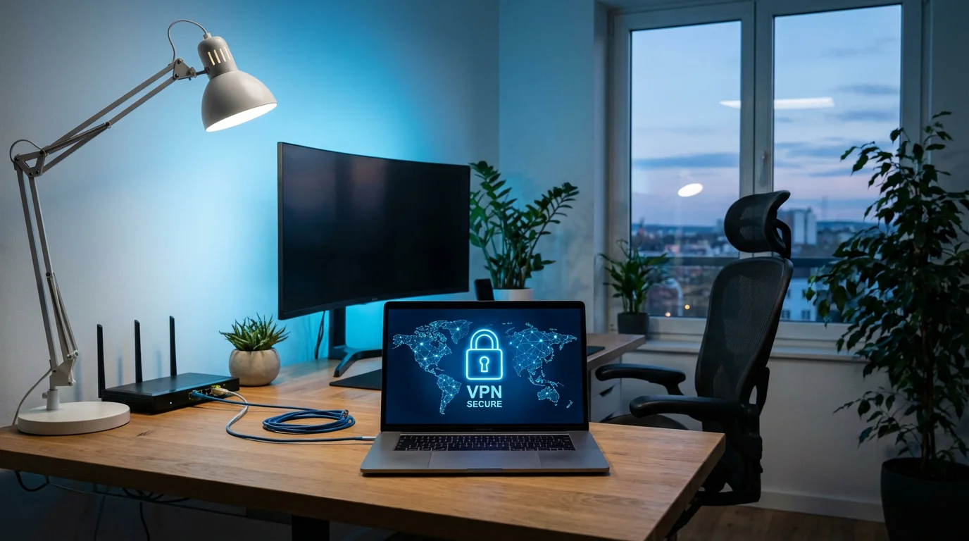 Computador portátil com cadeado de segurança e ícone de rede VPN no ecrã